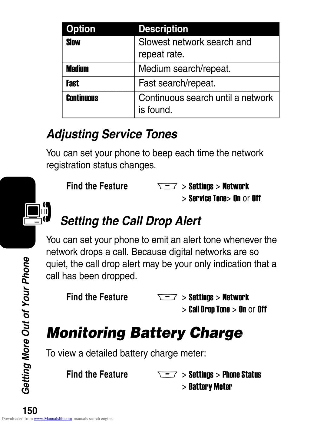 Motorola A845 3G manual Monitoring Battery Charge, Adjusting Service Tones, Setting the Call Drop Alert, 150 