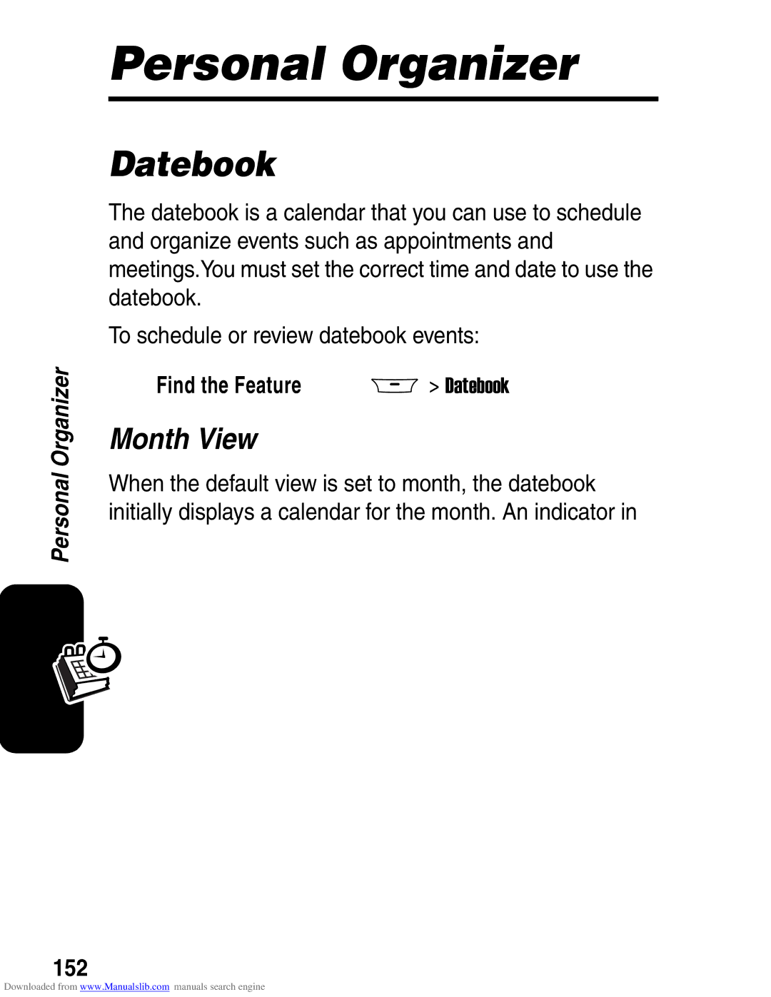 Motorola A845 3G manual Personal Organizer, Datebook, Month View, 152 