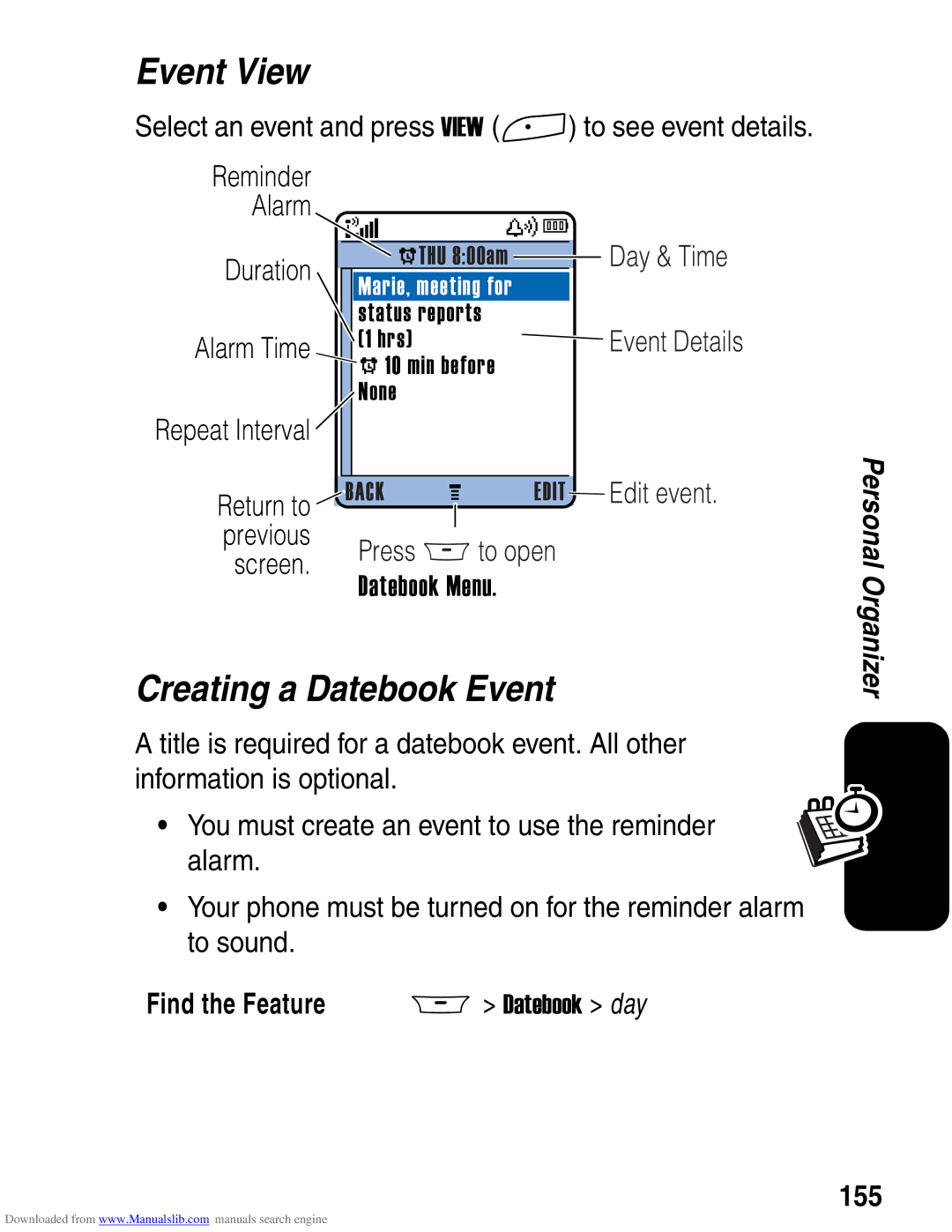 Motorola A845 3G manual Event View, Creating a Datebook Event, 155 