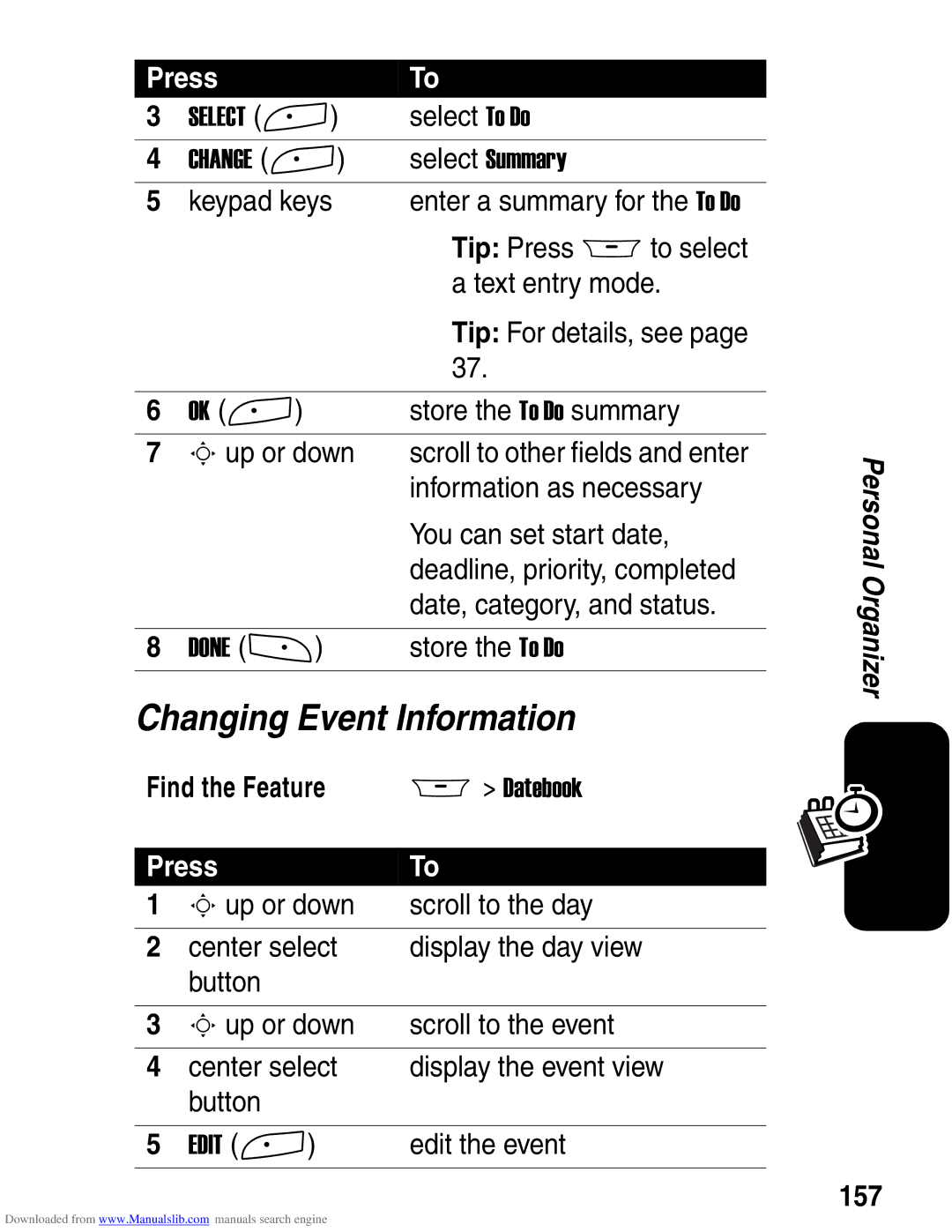 Motorola A845 3G manual Changing Event Information, 157 