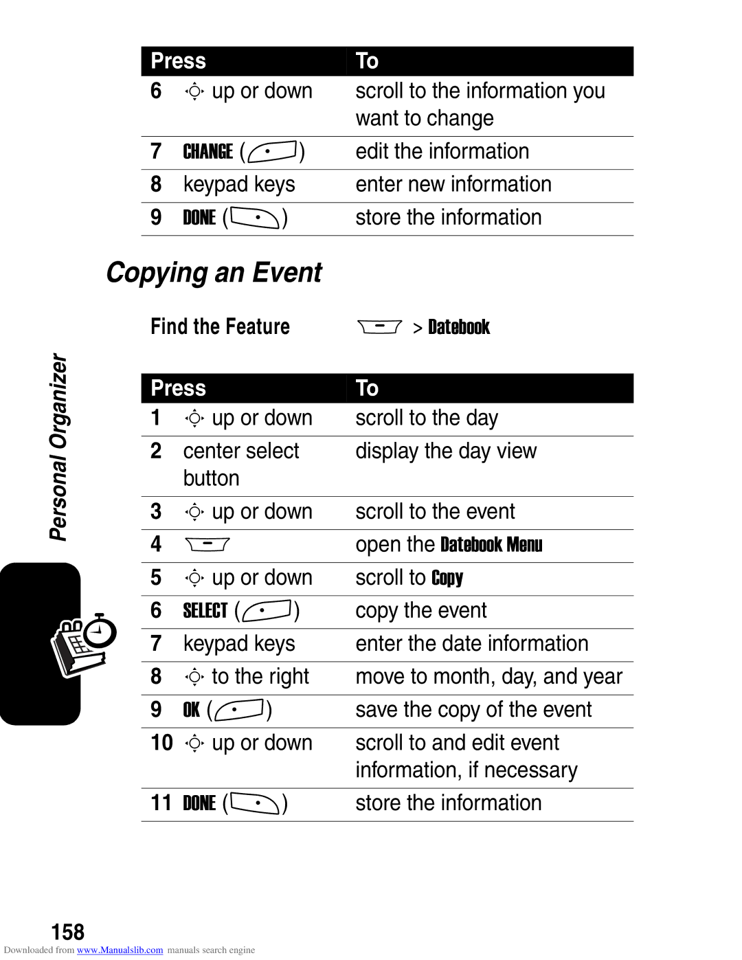 Motorola A845 3G manual Copying an Event, 158 