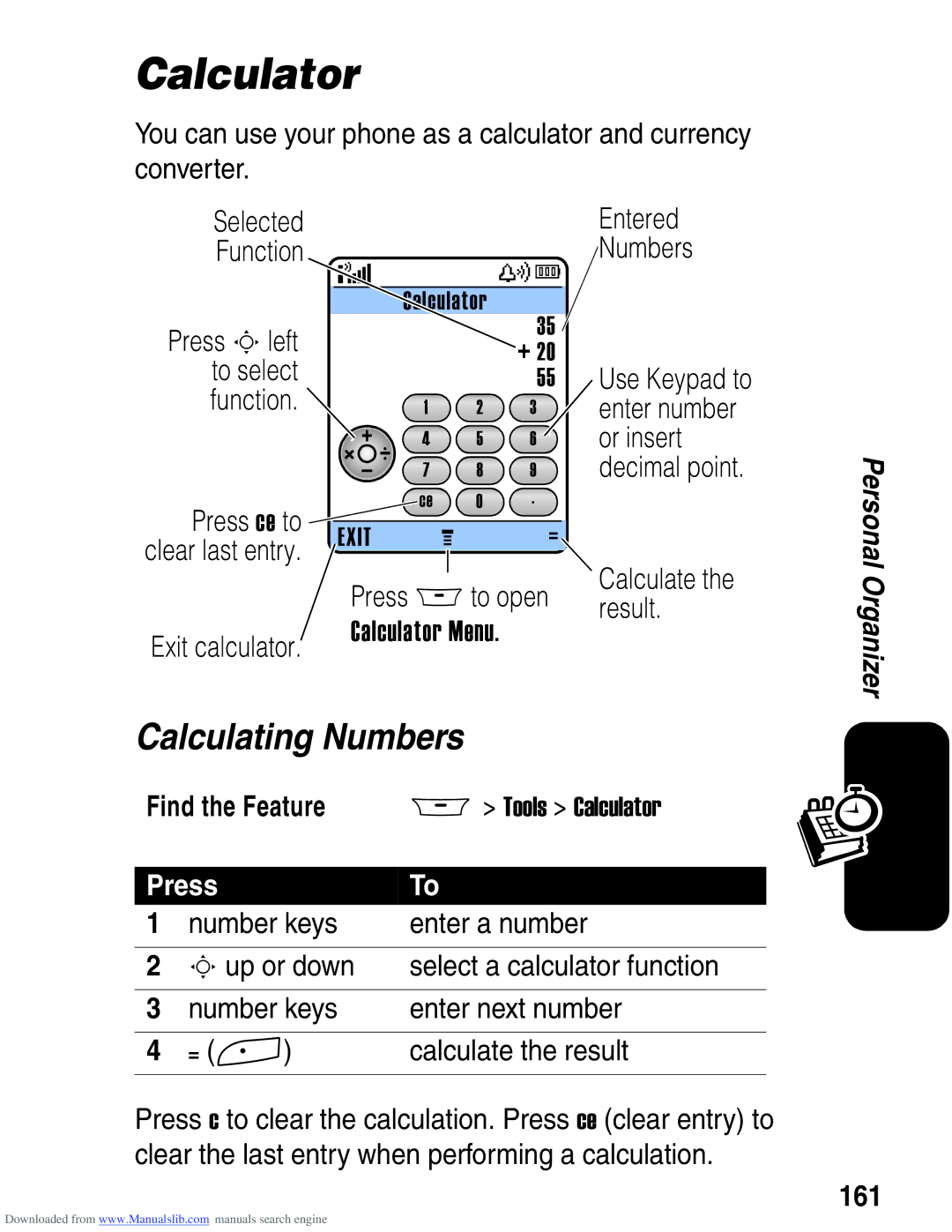 Motorola A845 3G manual Calculator, Calculating Numbers, 161 