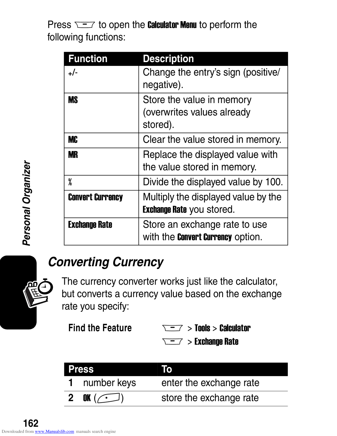 Motorola A845 3G manual Converting Currency, Function Description, 162 