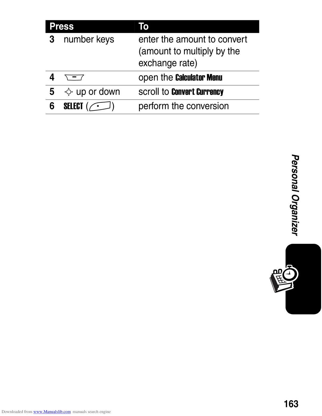 Motorola A845 3G manual Number keys, Amount to multiply by, Exchange rate, Perform the conversion, 163 