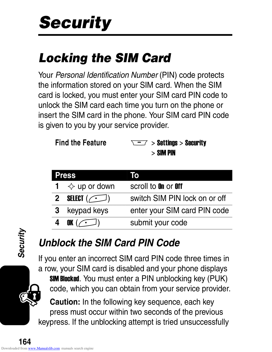 Motorola A845 3G manual Security, Locking the SIM Card, Unblock the SIM Card PIN Code, 164 