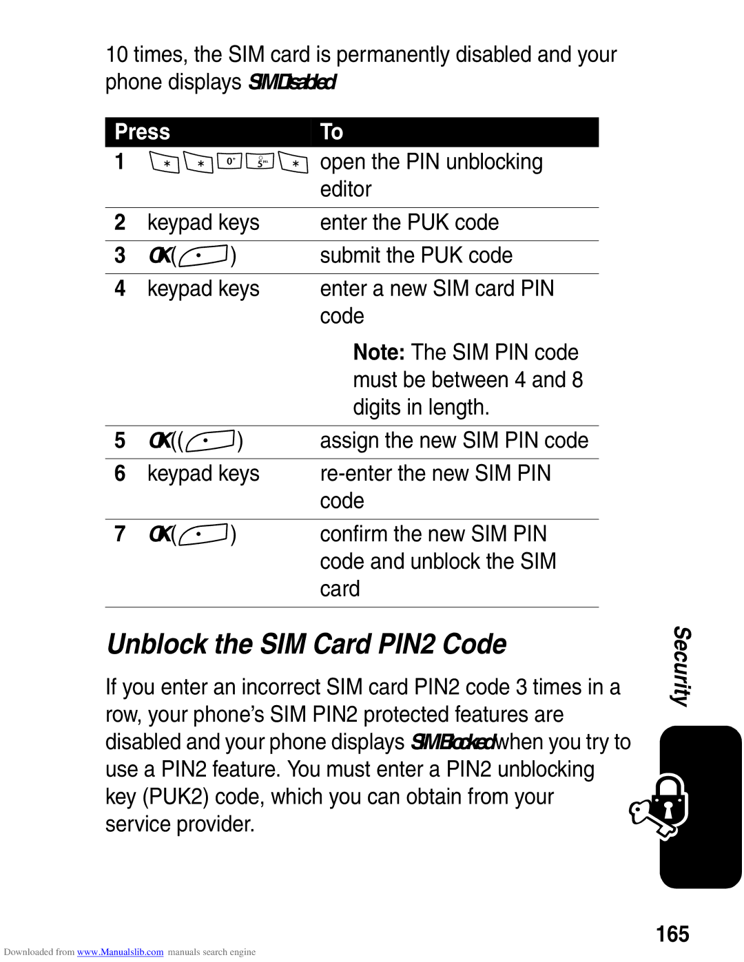 Motorola A845 3G manual Unblock the SIM Card PIN2 Code, 165 