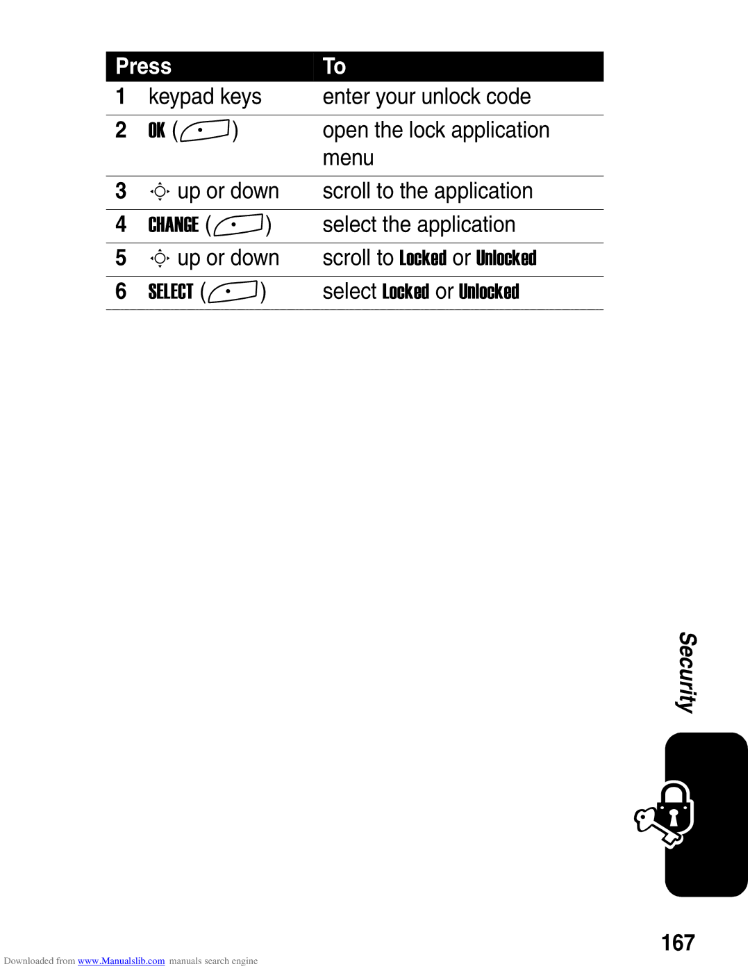 Motorola A845 3G manual Open the lock application, Sup or down Scroll to the application, Select the application, 167 