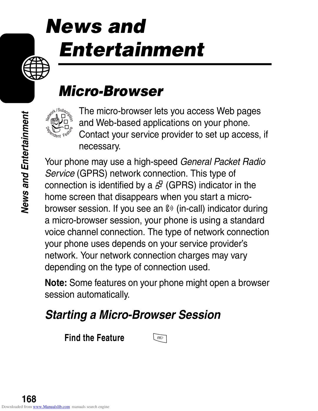 Motorola A845 3G manual News Entertainment, Starting a Micro-Browser Session, Necessary, Find the Feature 168 