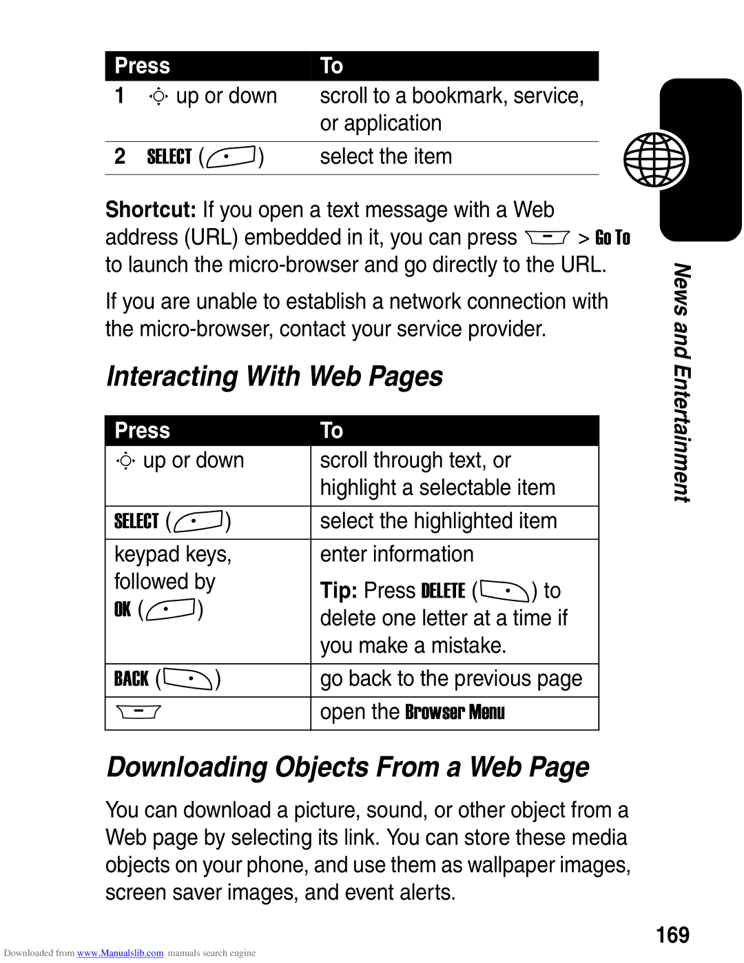 Motorola A845 3G manual Interacting With Web Pages, Downloading Objects From a Web, 169 