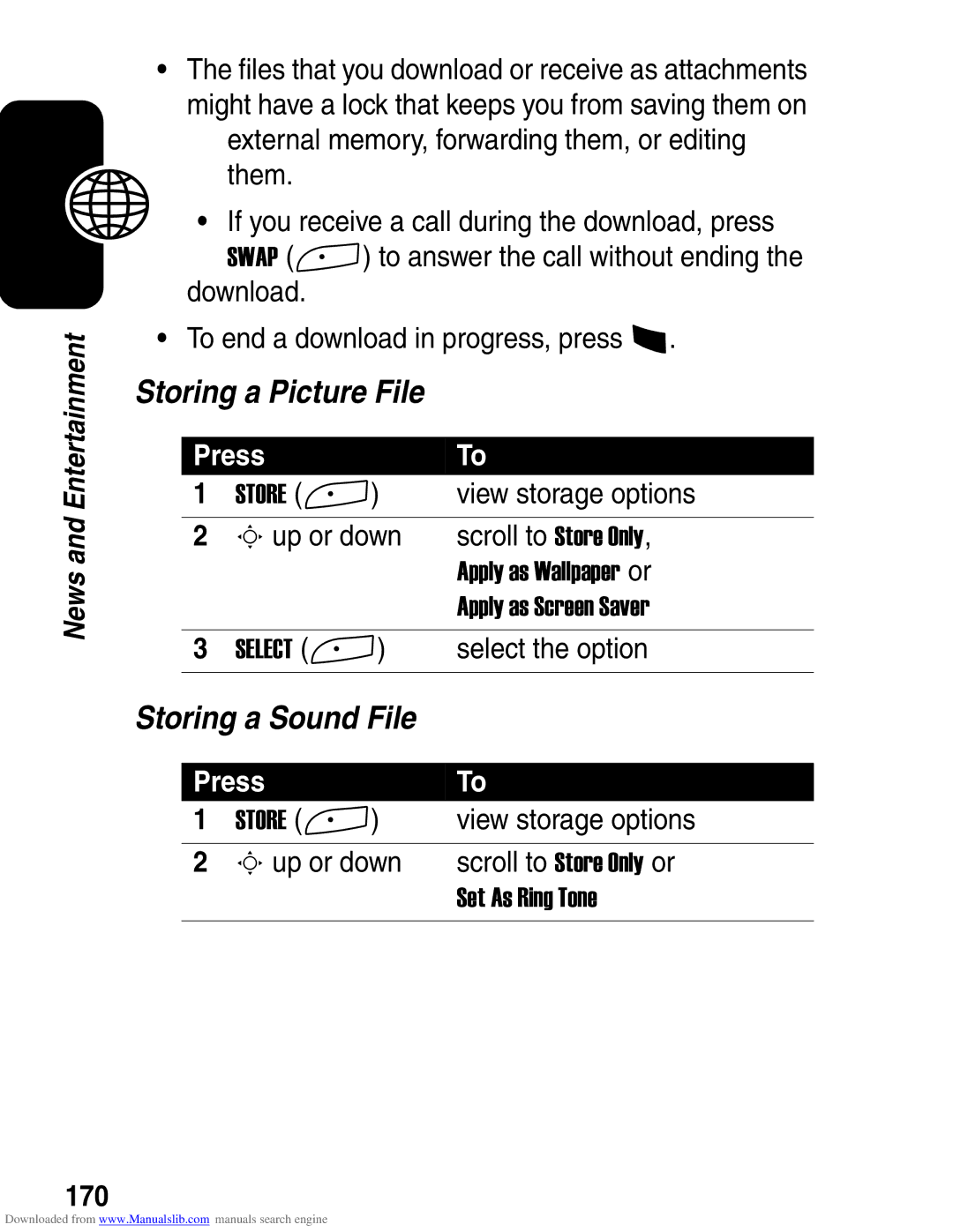 Motorola A845 3G manual Storing a Picture File, Storing a Sound File, Sup or down Scroll to Store Only, 170 