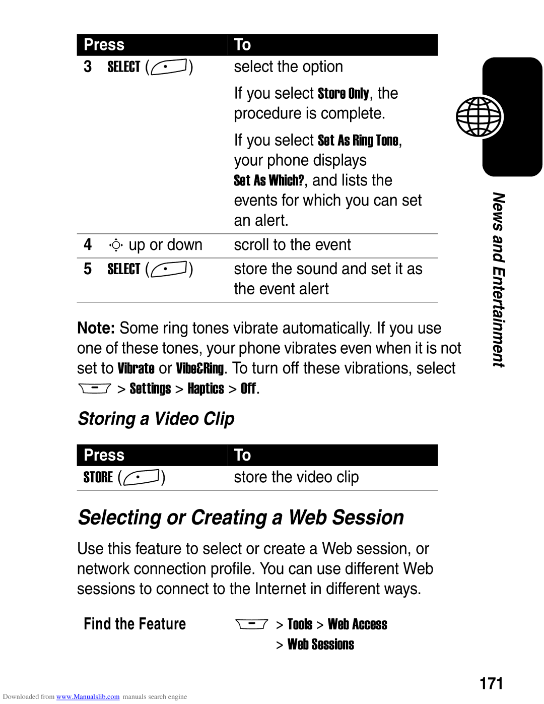 Motorola A845 3G manual Selecting or Creating a Web Session, Storing a Video Clip, 171 