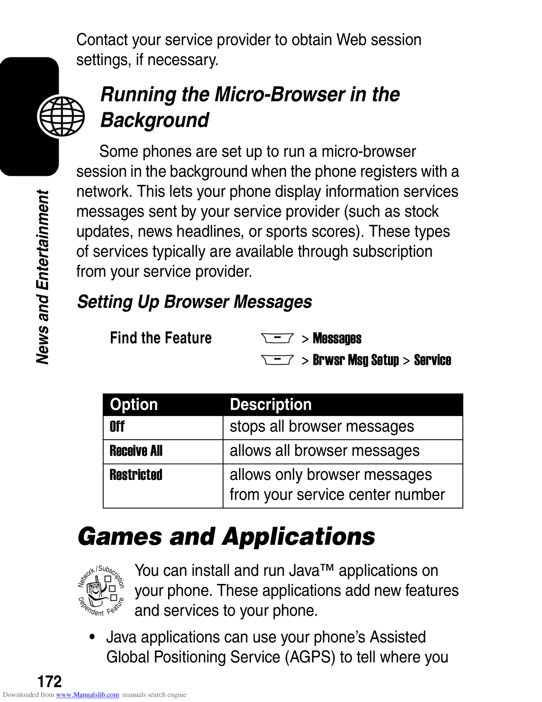 Motorola A845 3G Games and Applications, Running the Micro-Browser in the Background, Setting Up Browser Messages, 172 