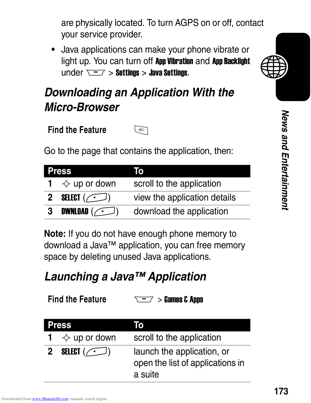 Motorola A845 3G manual Downloading an Application With the Micro-Browser, Launching a Java Application, 173 