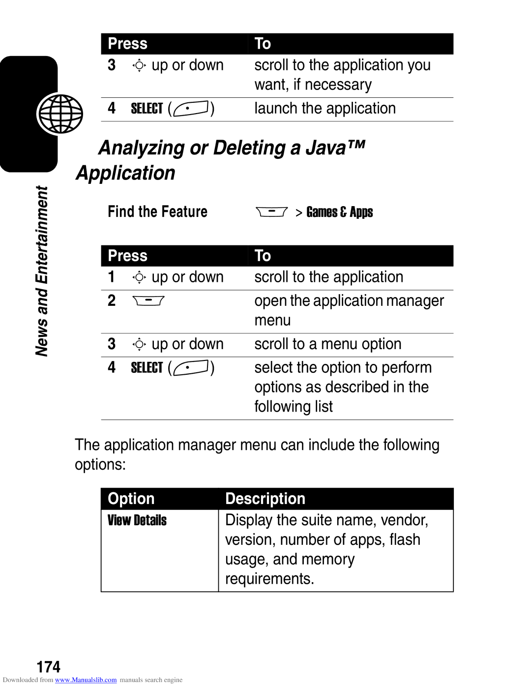 Motorola A845 3G manual Analyzing or Deleting a Java Application, 174 