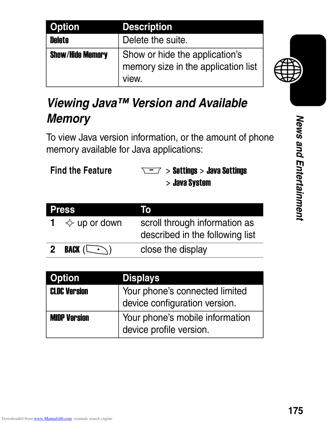 Motorola A845 3G manual Viewing Java Version and Available Memory, Option Displays, 175 