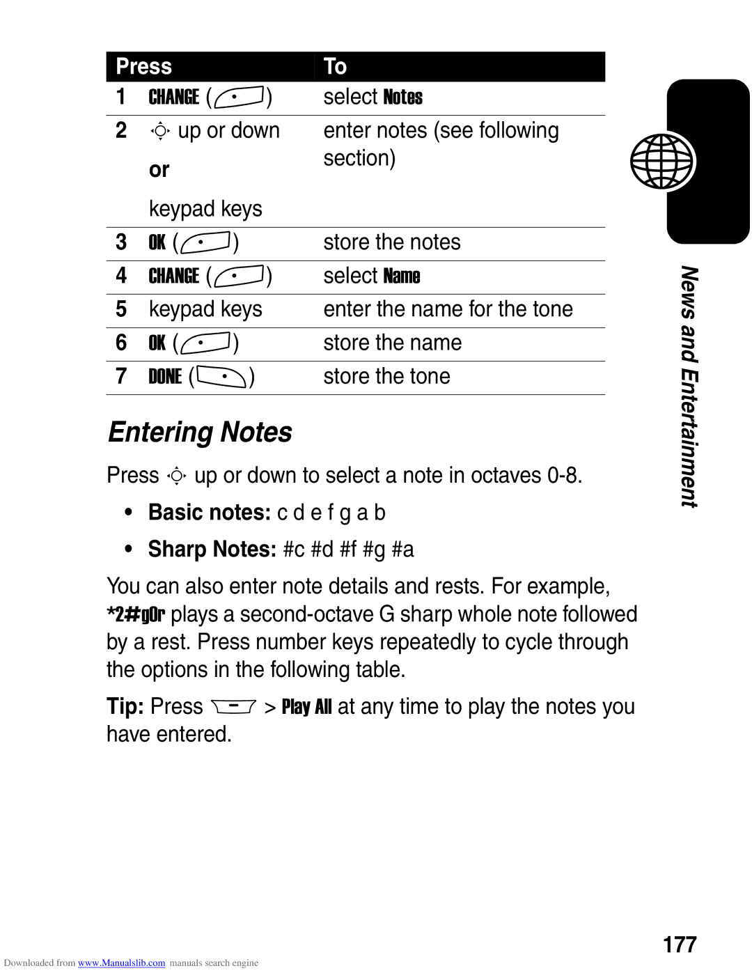 Motorola A845 3G manual Entering Notes, Basic notes c d e f g a b, 177 