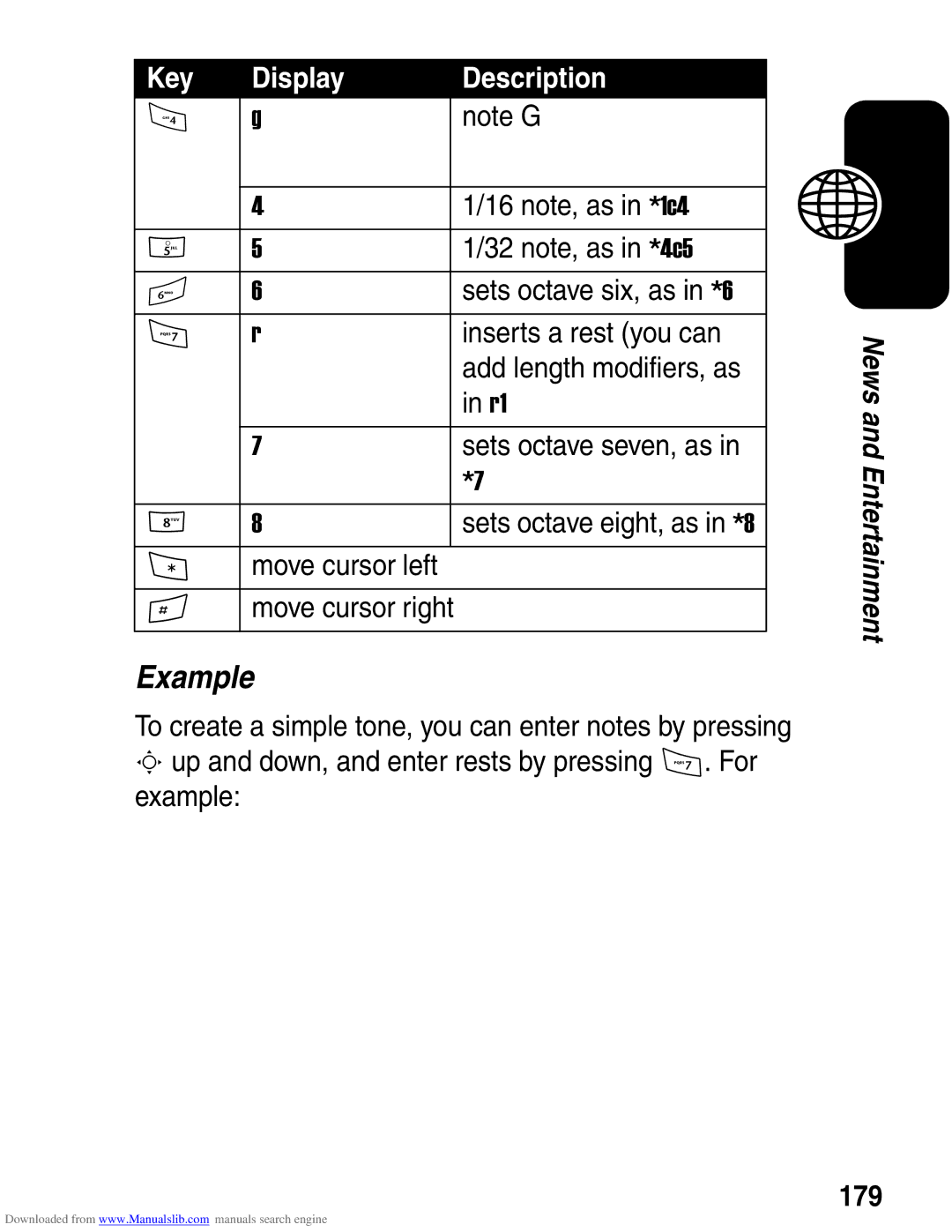 Motorola A845 3G manual Example, Sets octave six, as in *6, Inserts a rest you can, 179 