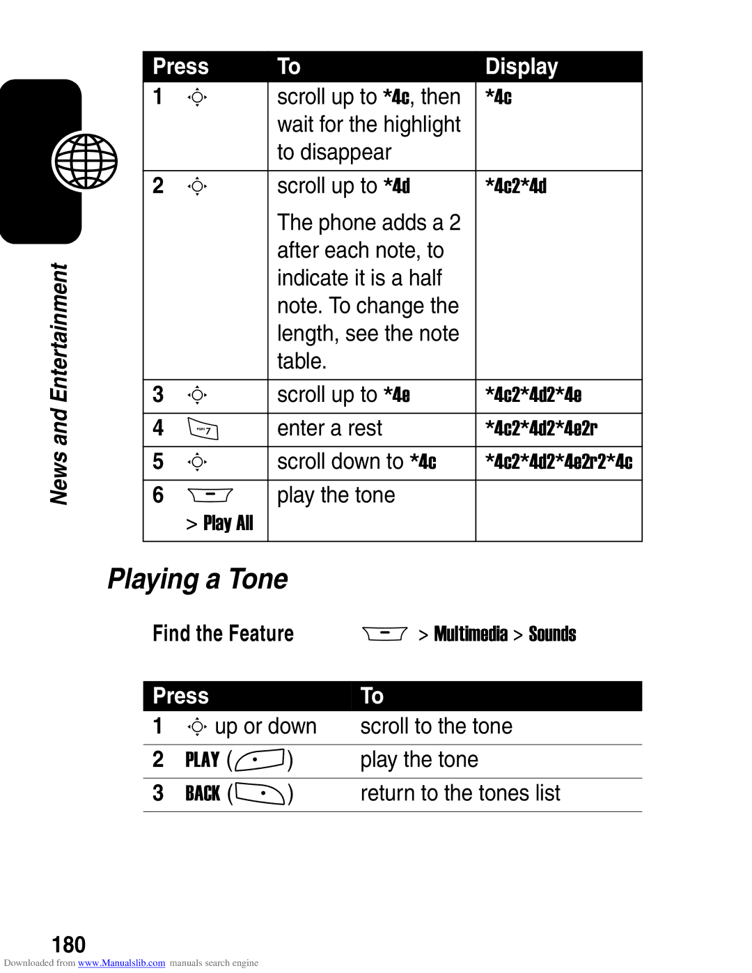 Motorola A845 3G manual Playing a Tone, Press Display, 180 