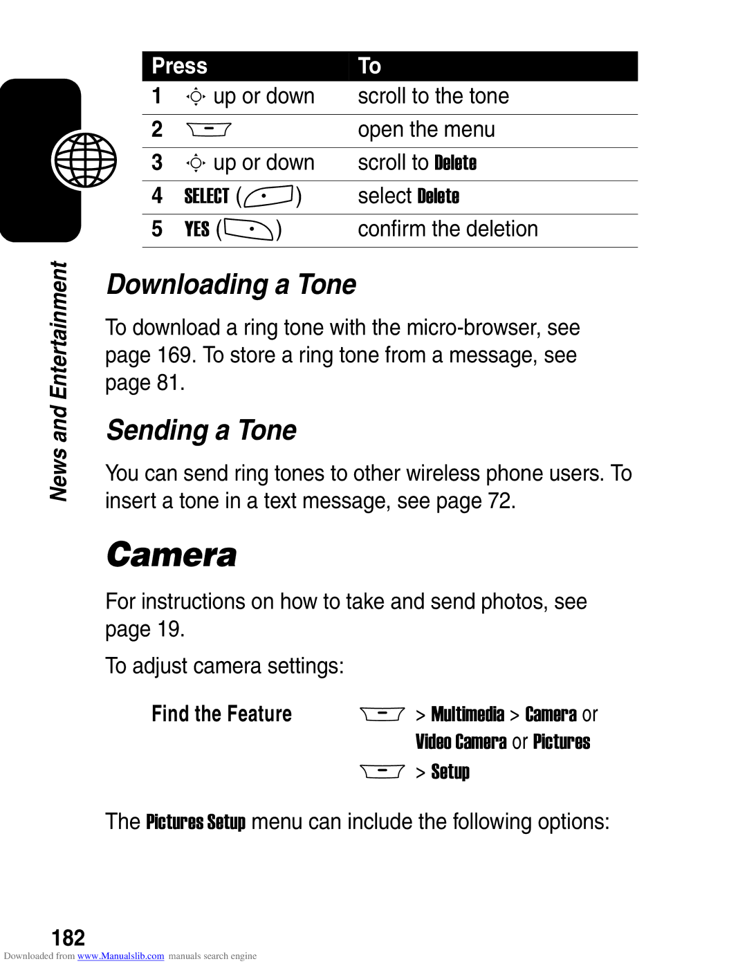 Motorola A845 3G Camera, Downloading a Tone, Sending a Tone, Pictures Setup menu can include the following options, 182 