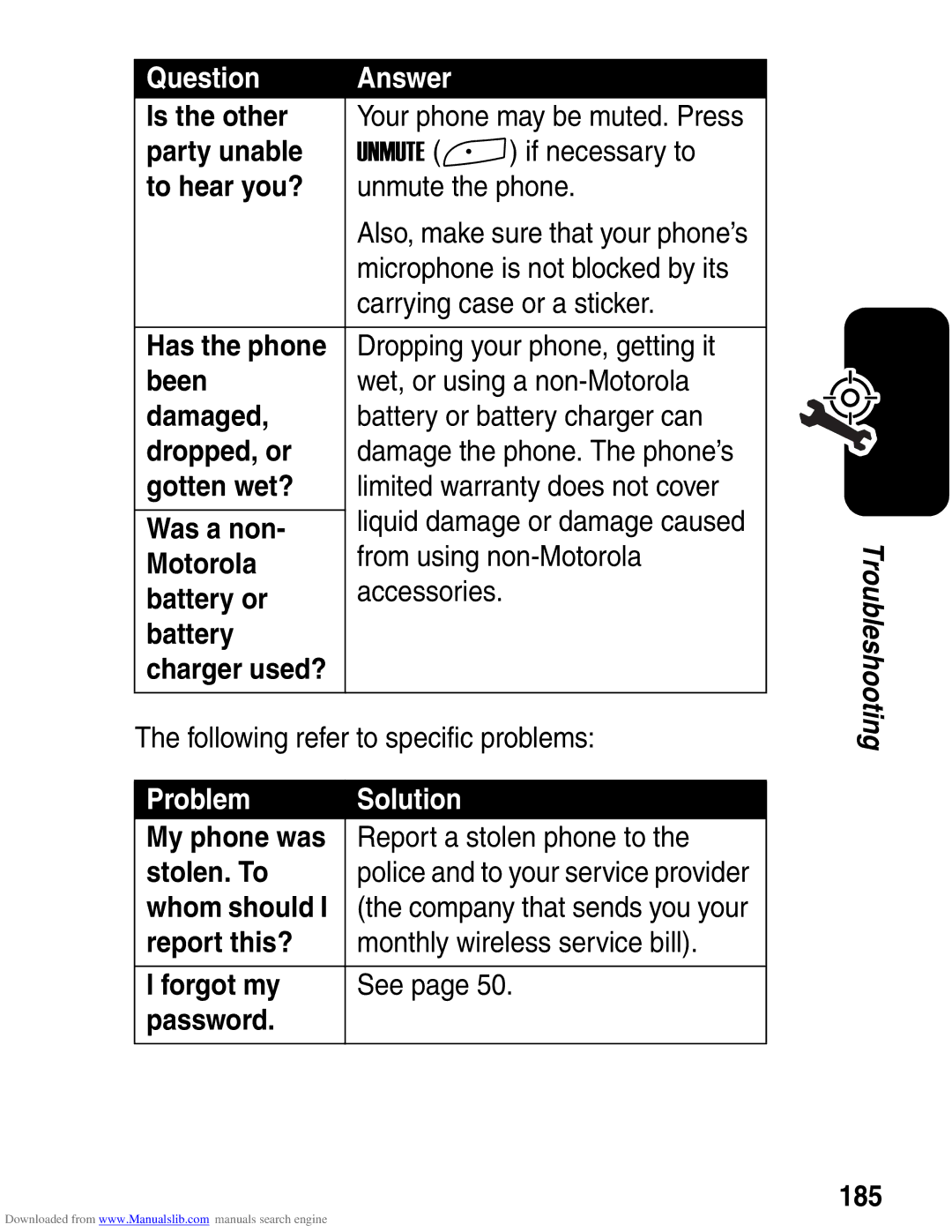 Motorola A845 3G manual Problem Solution 