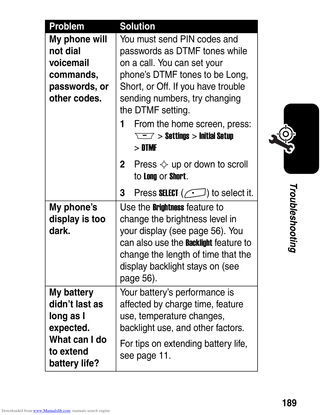 Motorola A845 3G My phone will, Not dial, Voicemail, Commands, Passwords, or, Other codes, My phone’s, Display is too, 189 