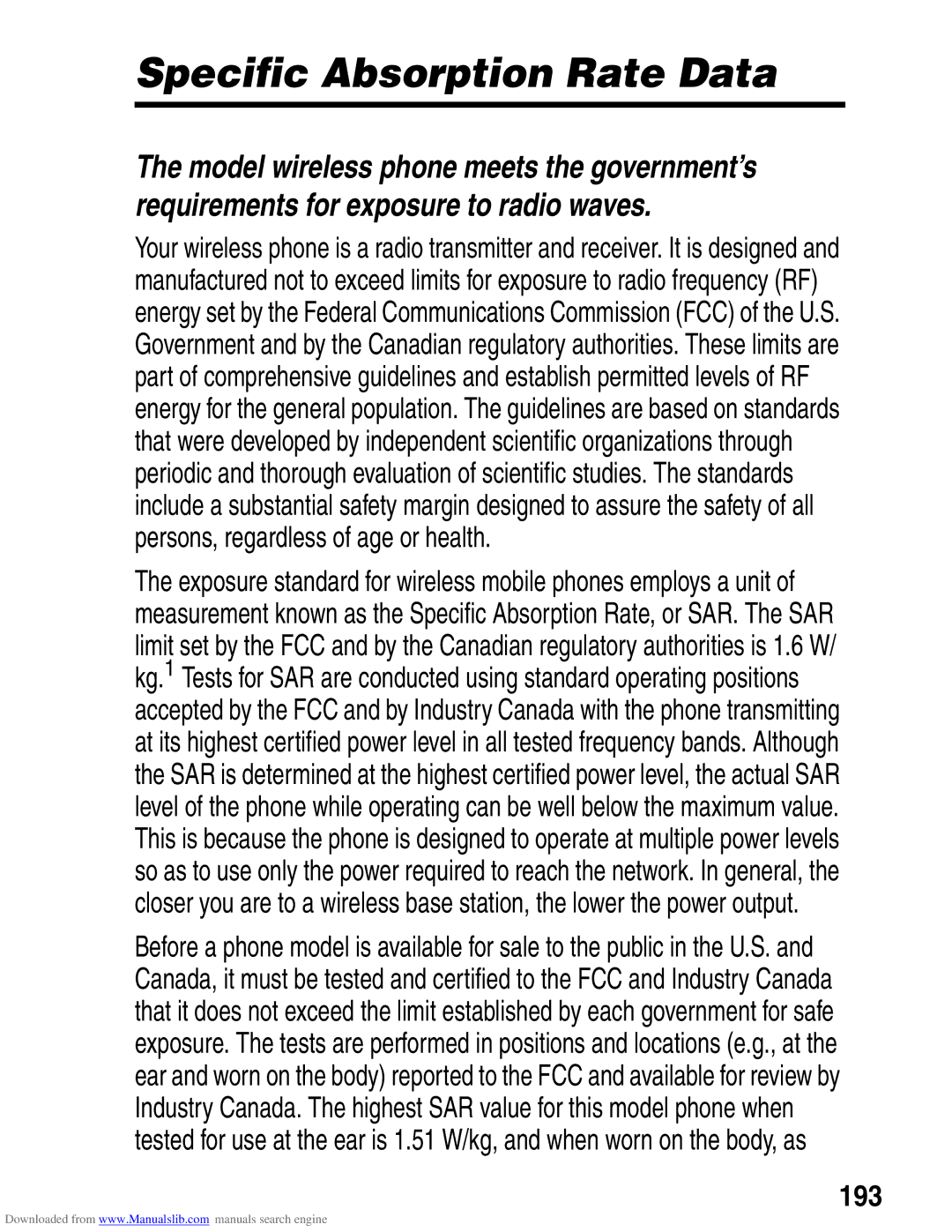 Motorola A845 3G manual Specific Absorption Rate Data, 193 
