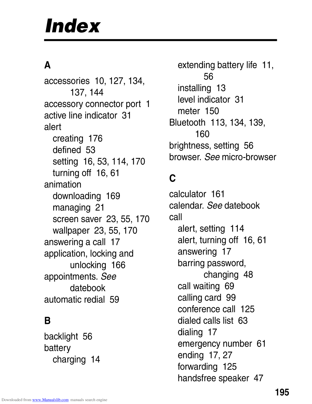 Motorola A845 3G manual Index, Setting 16, 53, 114, 170 turning off 16, Unlocking, 195 