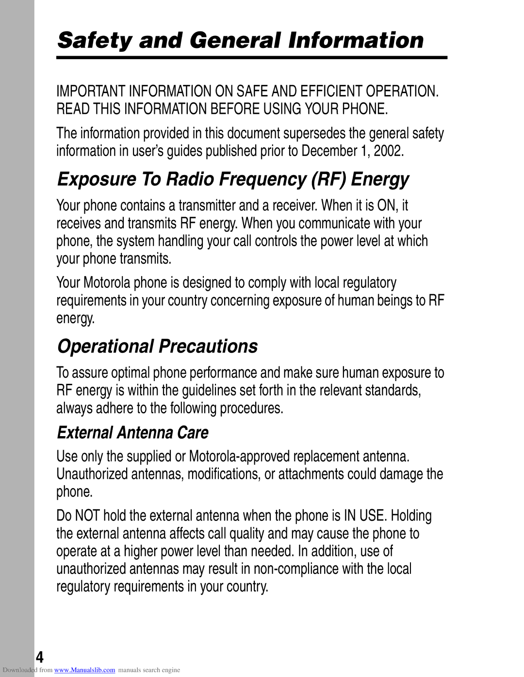 Motorola A845 3G manual Safety and General Information, External Antenna Care 