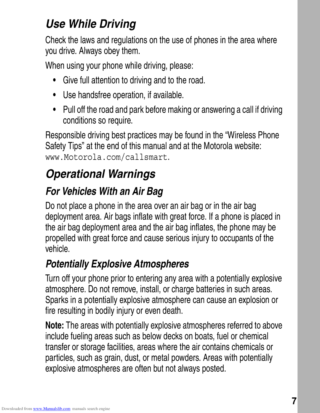 Motorola A845 3G manual For Vehicles With an Air Bag, Potentially Explosive Atmospheres 