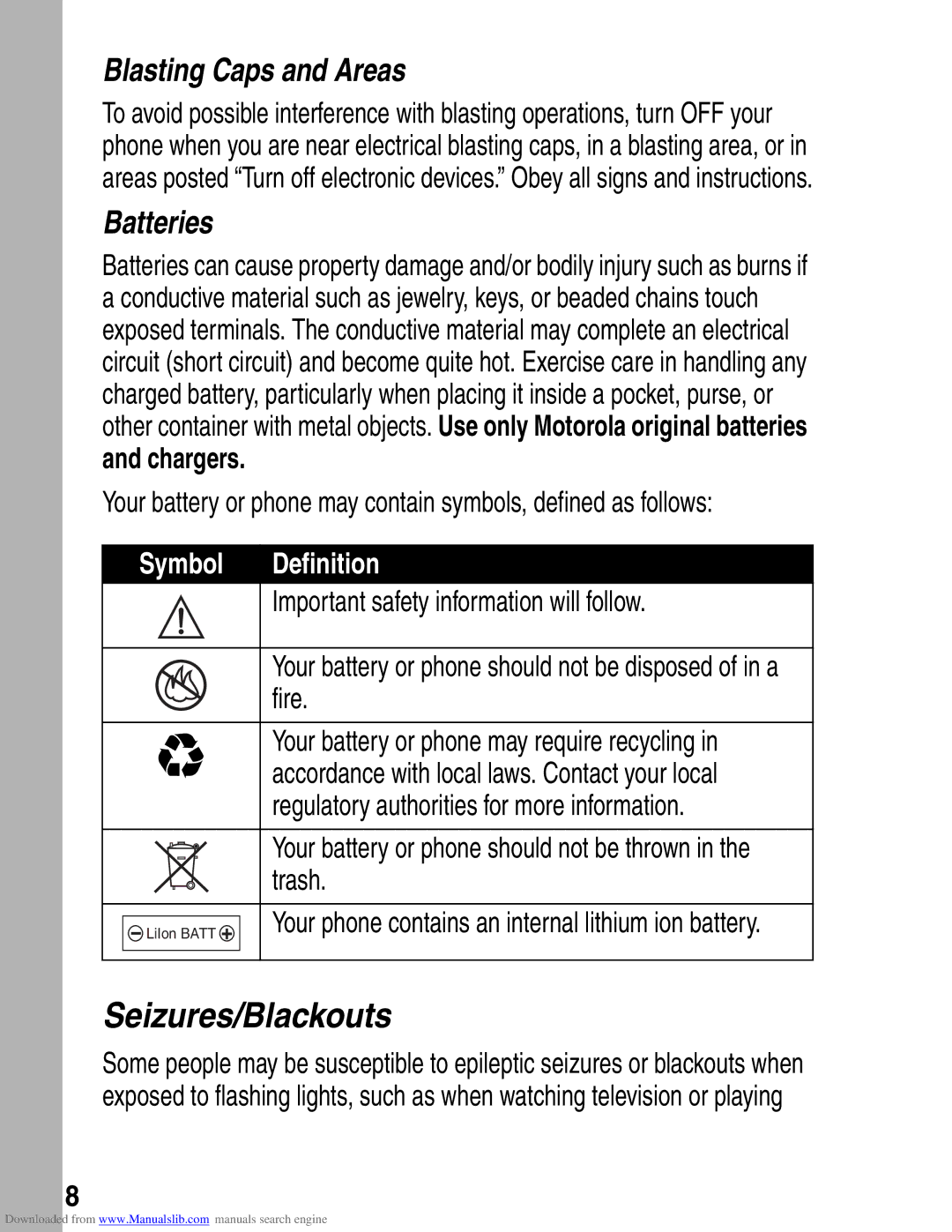 Motorola A845 3G manual Blasting Caps and Areas, Batteries, Chargers, Symbol Definition 