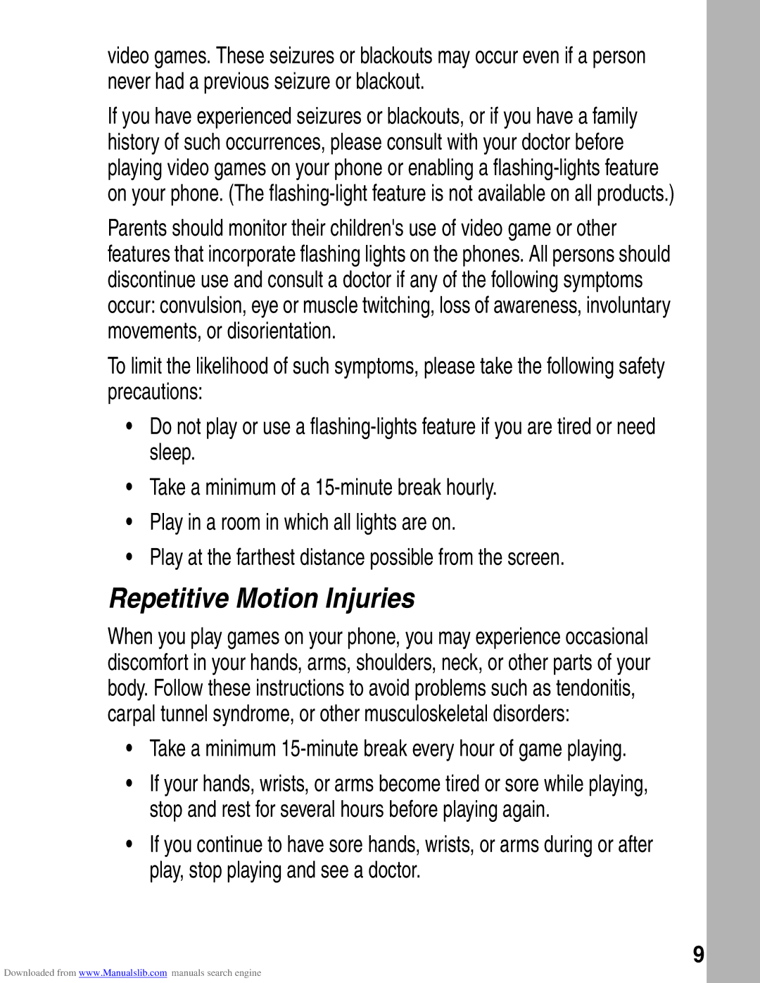 Motorola A845 3G manual Repetitive Motion Injuries 