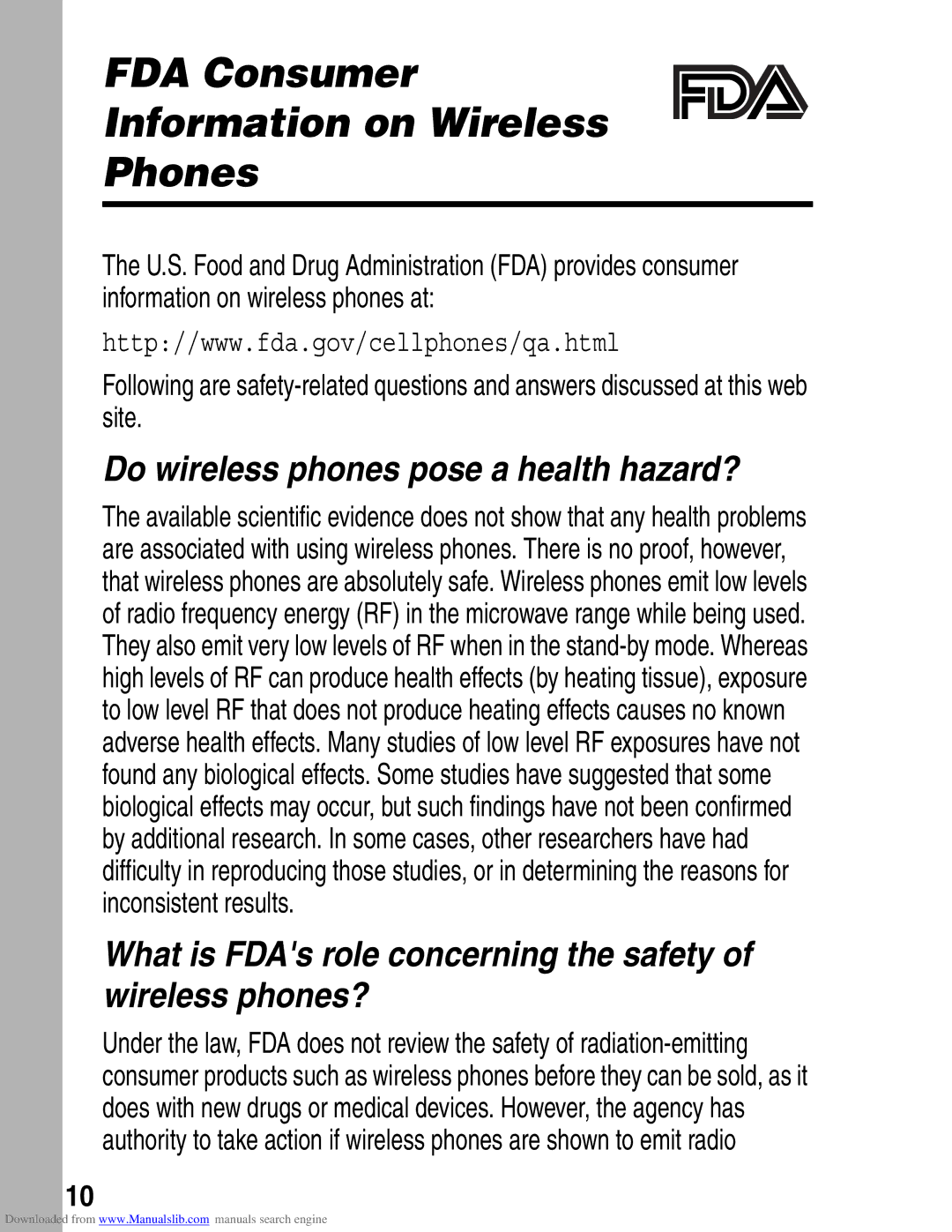 Motorola A845 3G manual FDA Consumer Information on Wireless Phones 