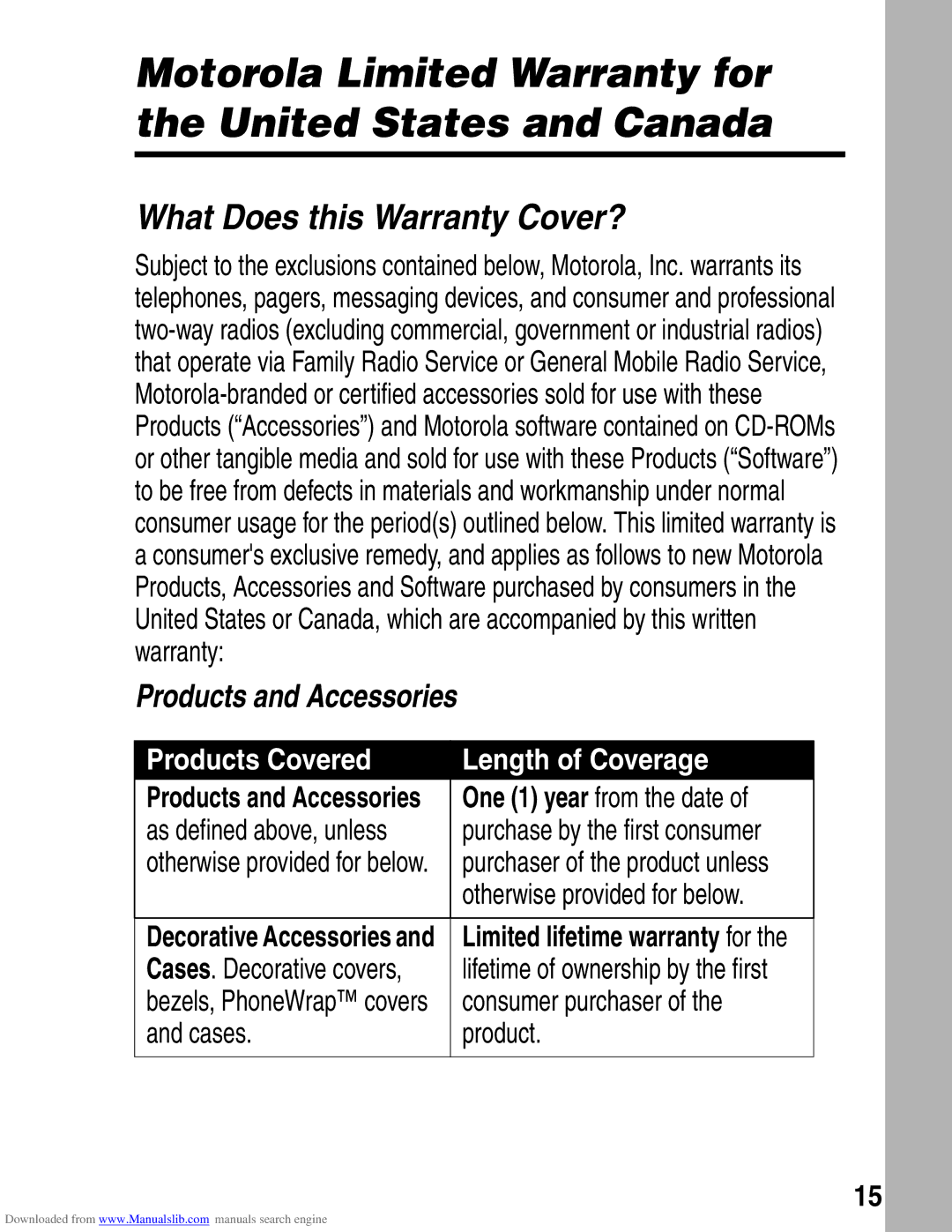 Motorola A845 3G manual Products and Accessories, Products Covered Length of Coverage 