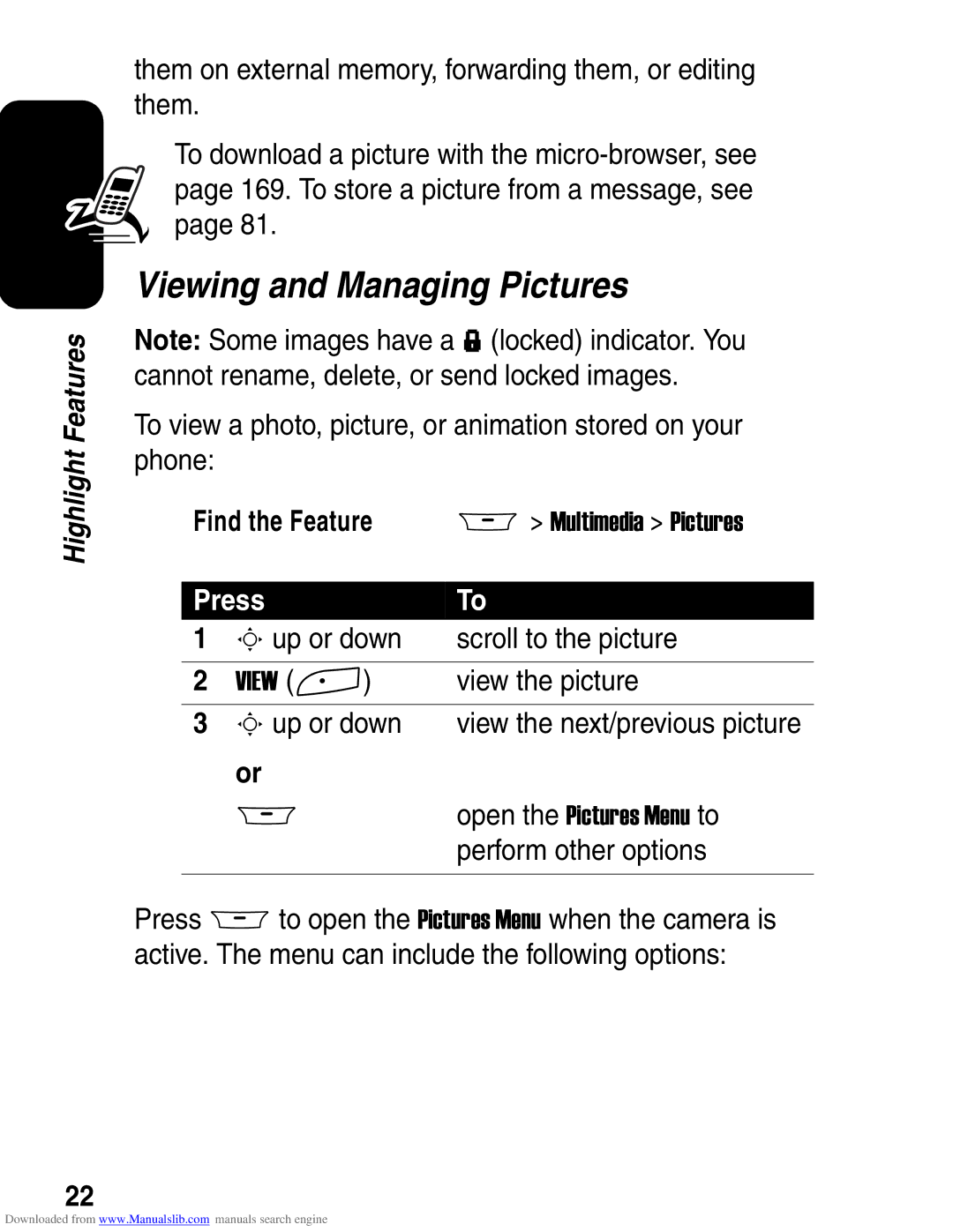 Motorola A845 3G manual Viewing and Managing Pictures 