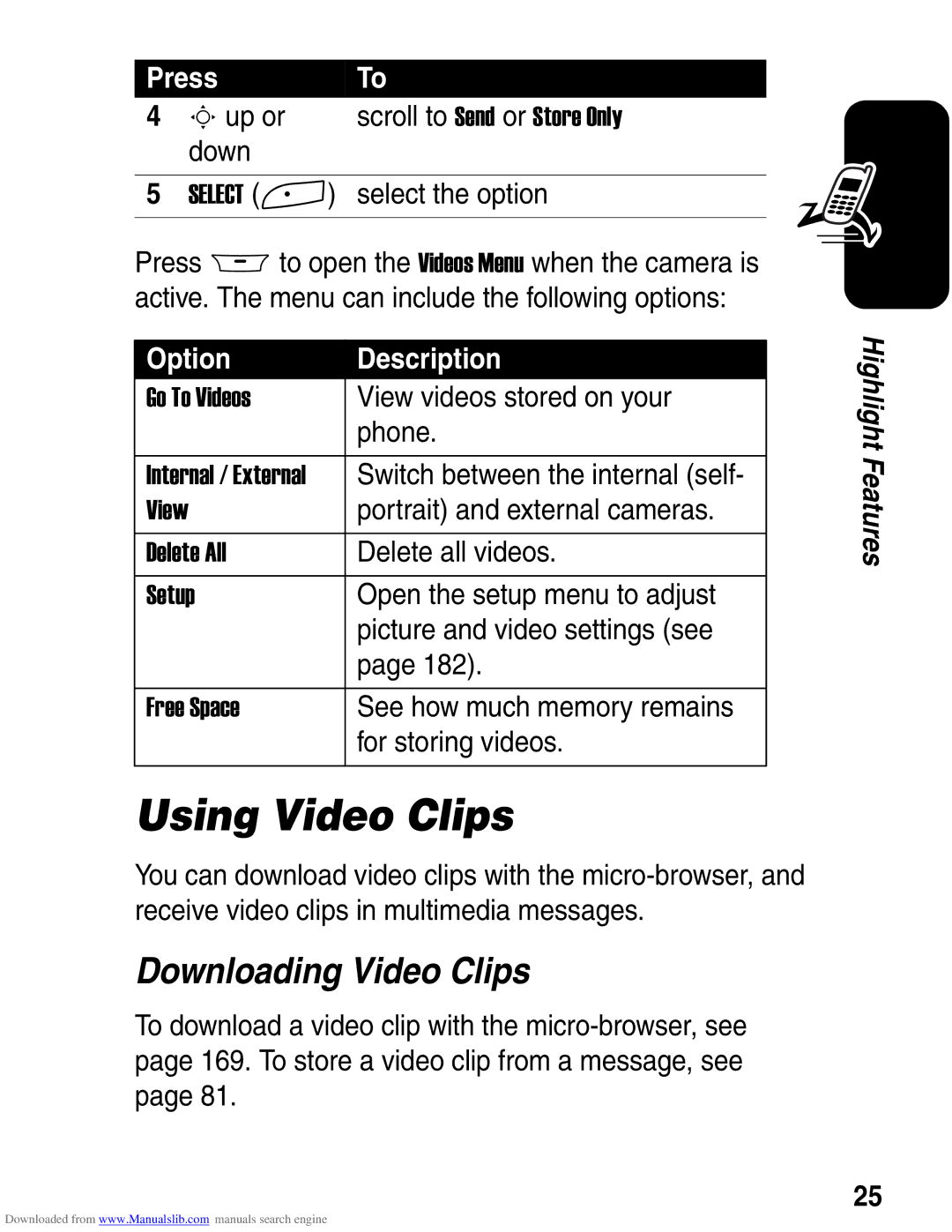 Motorola A845 3G manual Using Video Clips, Downloading Video Clips 