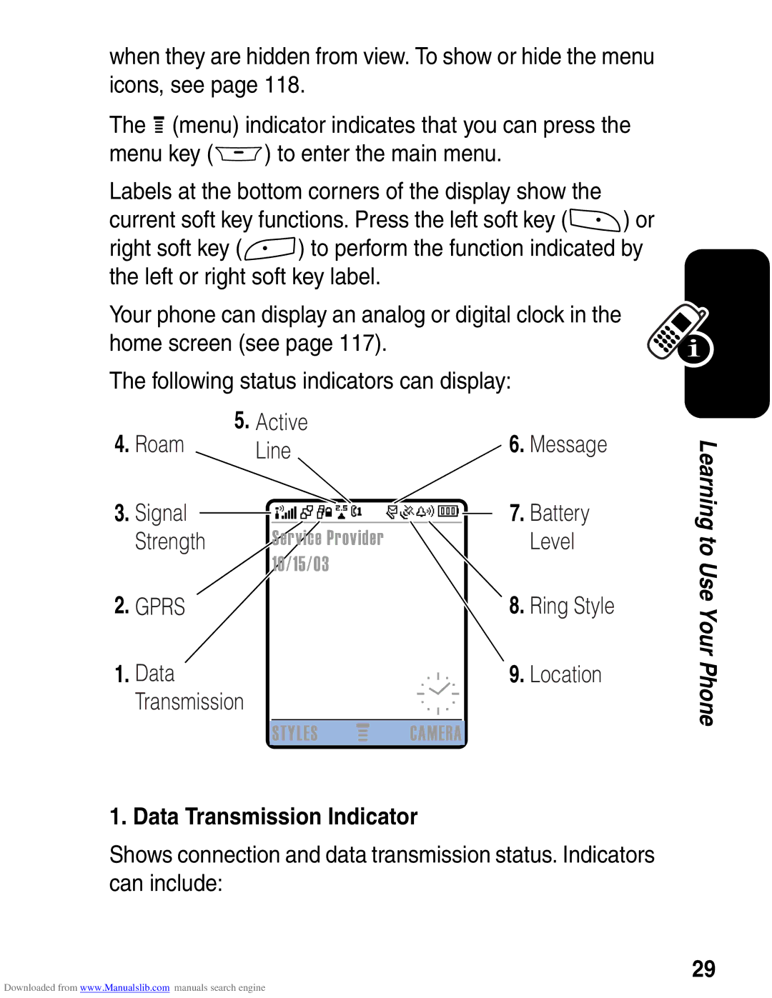 Motorola A845 3G manual Battery, Strength, Level, Data Transmission Indicator 