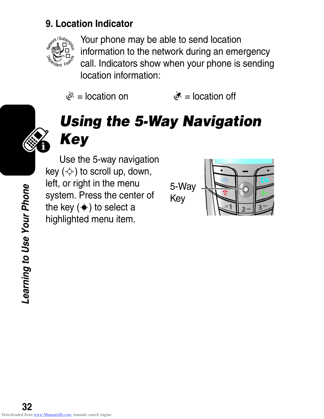 Motorola A845 3G manual Using the 5-Way Navigation Key, Location Indicator 