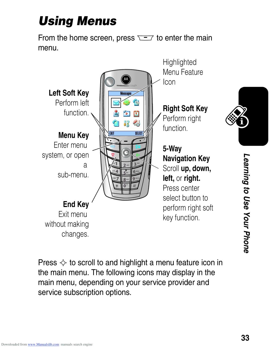 Motorola A845 3G manual Using Menus, Menu Key Enter menu system, or open a sub-menu 