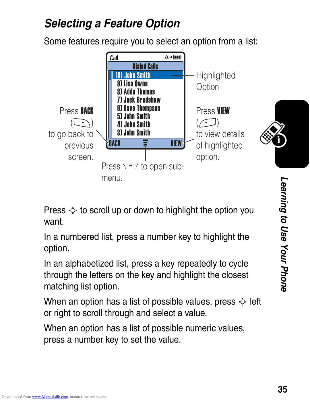 Motorola A845 3G manual Selecting a Feature Option 