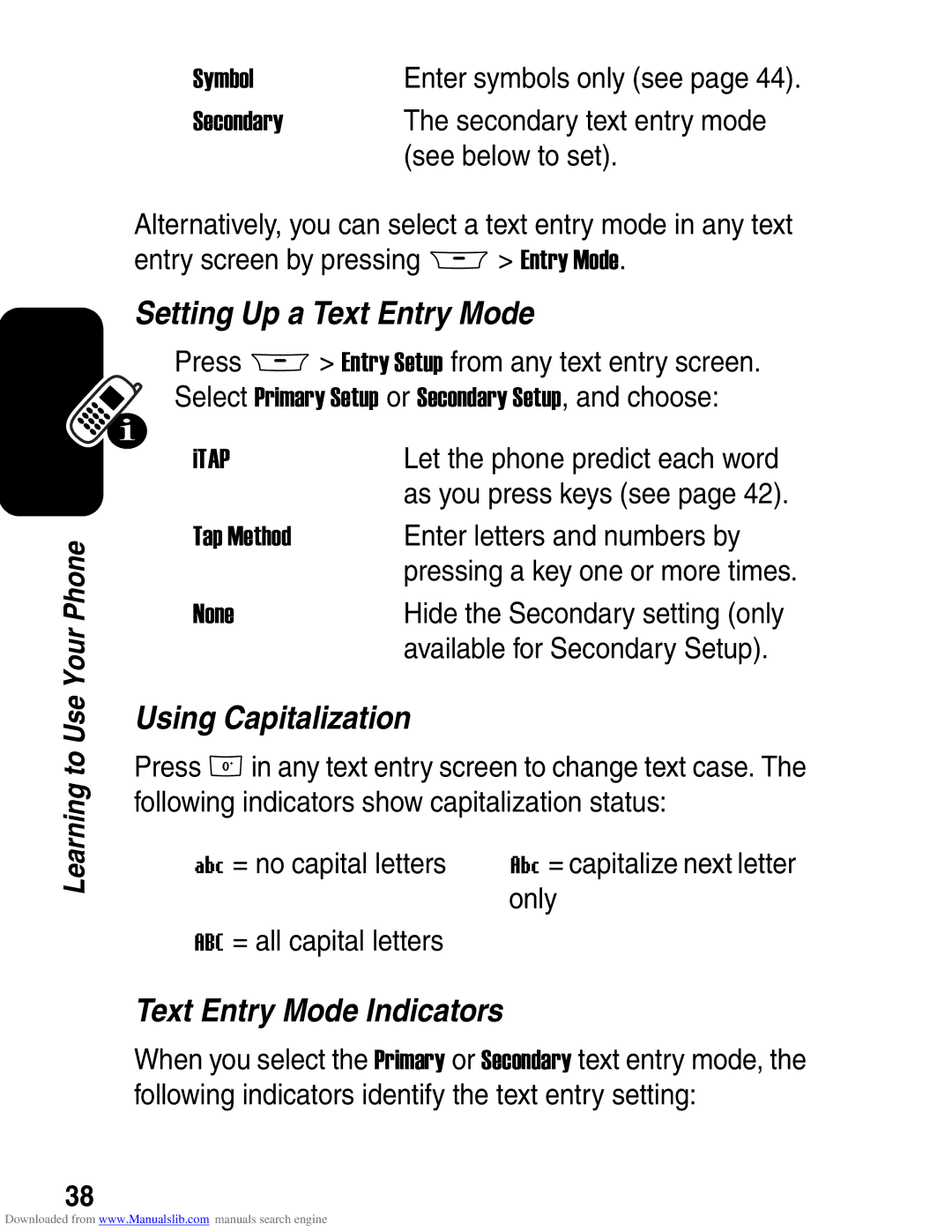 Motorola A845 3G manual Setting Up a Text Entry Mode, Using Capitalization, Text Entry Mode Indicators 