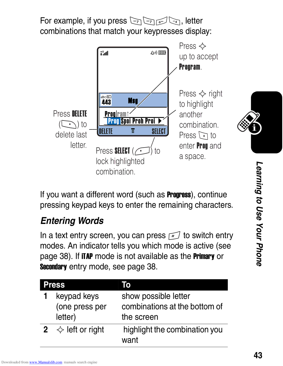 Motorola A845 3G manual Entering Words 