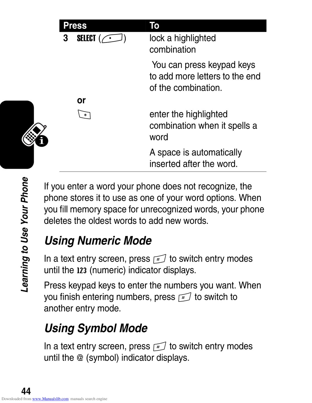 Motorola A845 3G manual Using Numeric Mode, Using Symbol Mode 