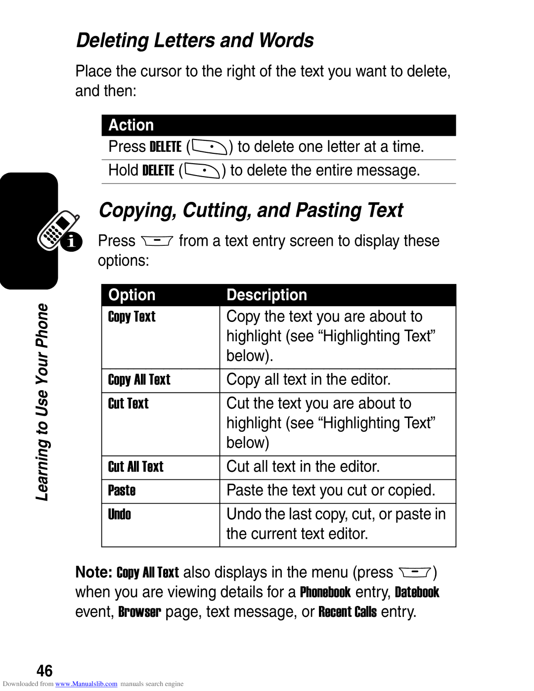 Motorola A845 3G manual Deleting Letters and Words, Copying, Cutting, and Pasting Text 