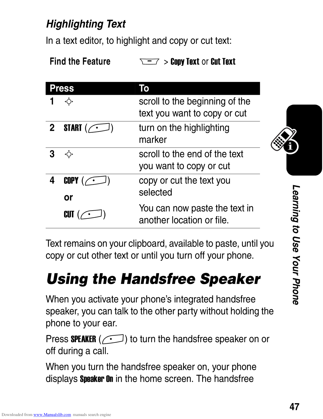 Motorola A845 3G manual Using the Handsfree Speaker, Highlighting Text 