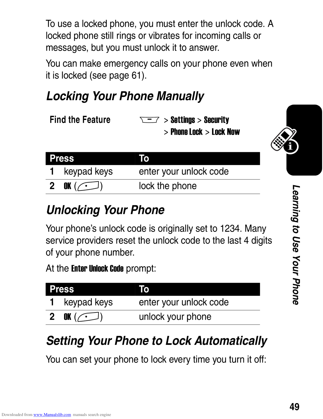 Motorola A845 3G manual Locking Your Phone Manually, Unlocking Your Phone, Setting Your Phone to Lock Automatically 