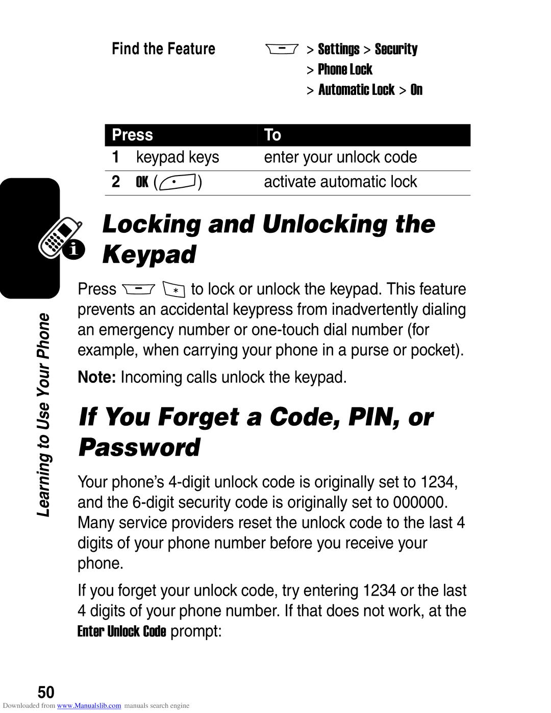 Motorola A845 3G manual Locking and Unlocking the Keypad, If You Forget a Code, PIN, or Password, Activate automatic lock 