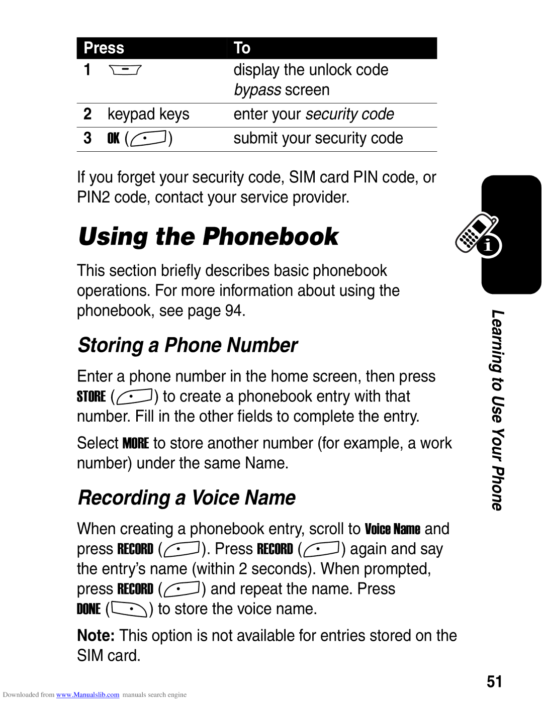 Motorola A845 3G manual Using the Phonebook, Storing a Phone Number, Recording a Voice Name 