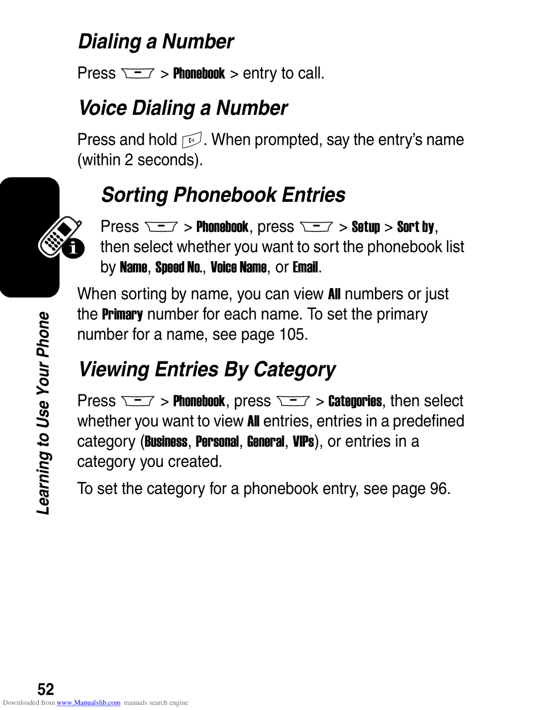 Motorola A845 3G manual Voice Dialing a Number, Sorting Phonebook Entries, Viewing Entries By Category 