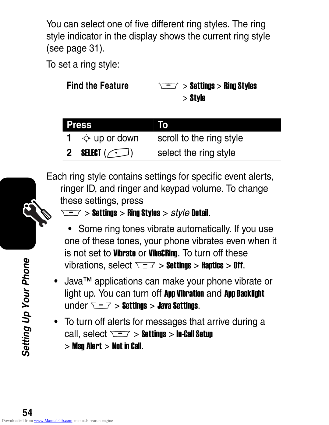 Motorola A845 3G manual Sup or down Scroll to the ring style, Select the ring style 