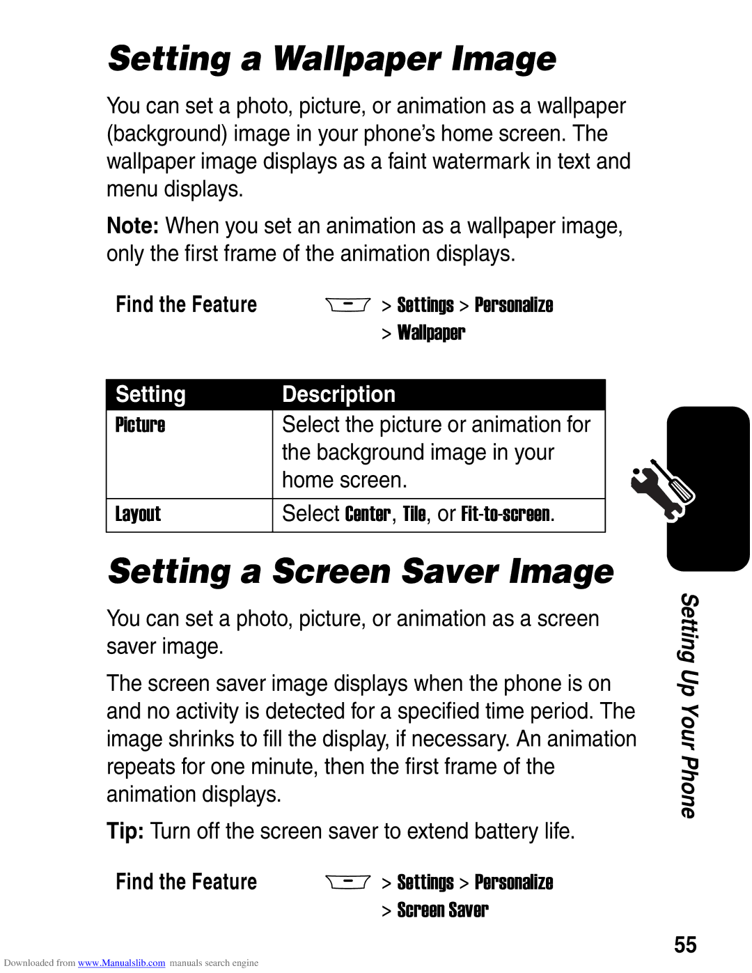 Motorola A845 3G Setting a Wallpaper Image, Setting a Screen Saver Image, Setting Description, Background image in your 